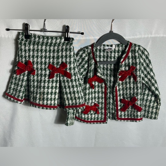Mia Belle Girls Green Houndstooth Holiday Skirt & Jacket Set 2T/3T Red Bows - Picture 1 of 10